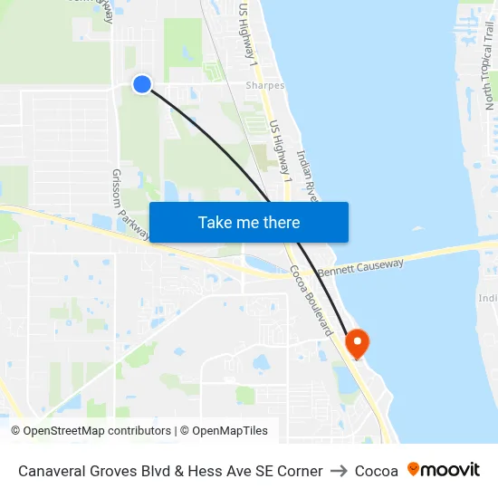 Canaveral Groves Blvd & Hess Ave SE Corner to Cocoa map