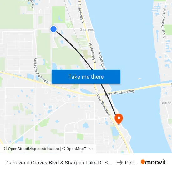 Canaveral Groves Blvd & Sharpes Lake Dr SW Corner to Cocoa map