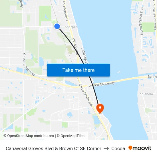 Canaveral Groves Blvd & Brown Ct SE Corner to Cocoa map