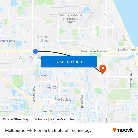 Melbourne to Florida Institute of Technology map