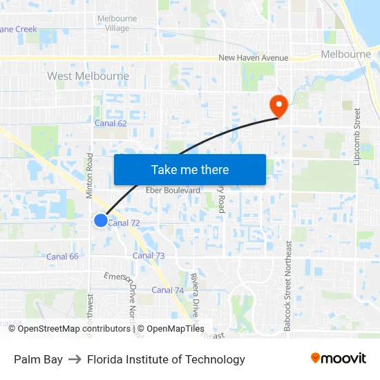 Palm Bay to Florida Institute of Technology map