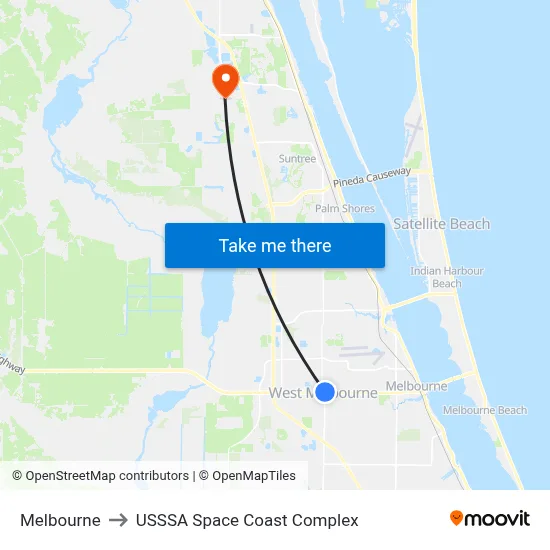 Melbourne to USSSA Space Coast Complex map