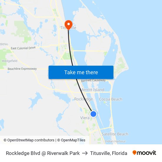 Rockledge Blvd @ Riverwalk Park to Titusville, Florida map