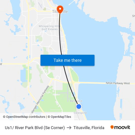 Us1/ River Park Blvd (Se Corner) to Titusville, Florida map