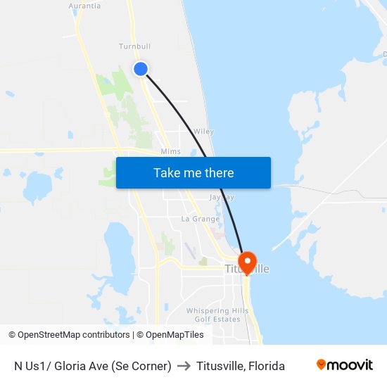 N Us1/ Gloria Ave (Se Corner) to Titusville, Florida map