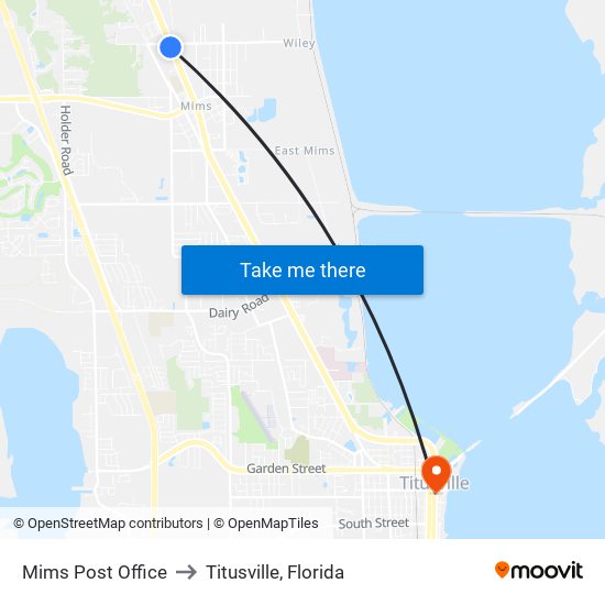 Mims Post Office to Titusville, Florida map