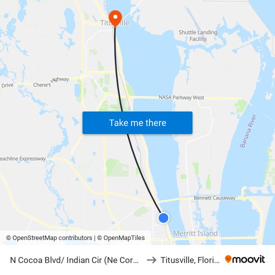 N Cocoa Blvd/ Indian Cir (Ne Corner) to Titusville, Florida map