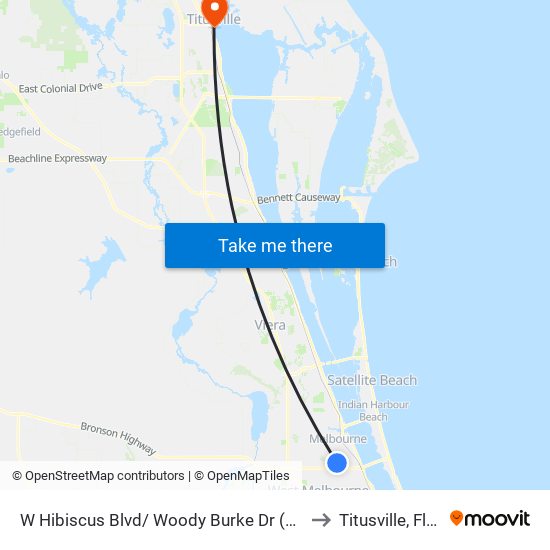 W Hibiscus Blvd/ Woody Burke Dr (Ne Corner) to Titusville, Florida map