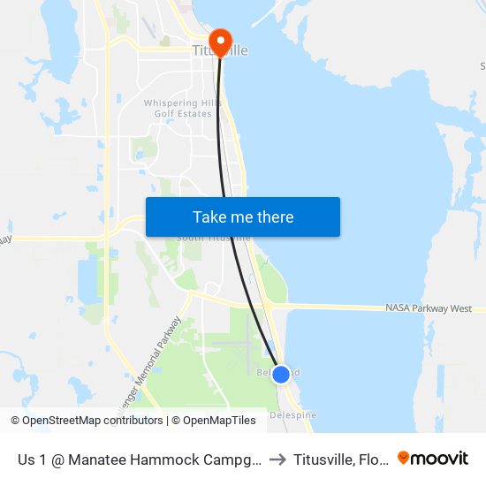 Us 1 @ Manatee Hammock Campgrounds to Titusville, Florida map