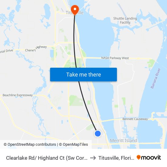 Clearlake Rd/ Highland Ct (Sw Corner) to Titusville, Florida map