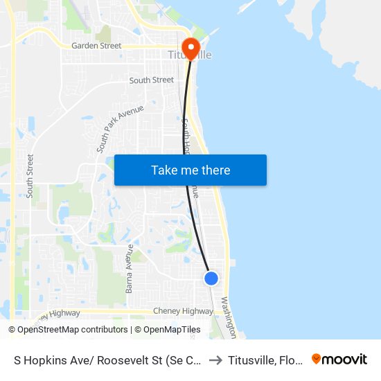 S Hopkins Ave/ Roosevelt St (Se Corner) to Titusville, Florida map