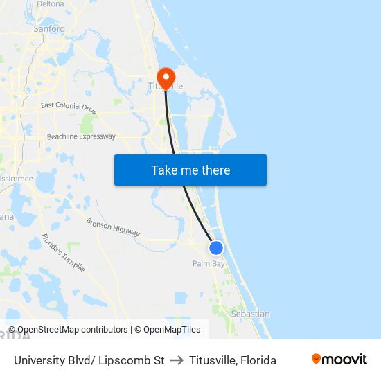 University Blvd/ Lipscomb St to Titusville, Florida map