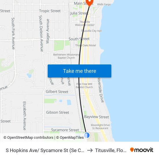 S Hopkins Ave/ Sycamore St (Se Corner) to Titusville, Florida map