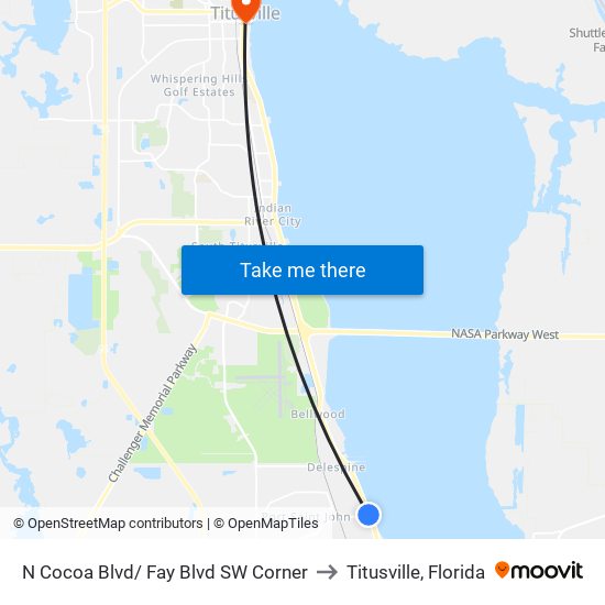 N Cocoa Blvd/ Fay Blvd SW Corner to Titusville, Florida map