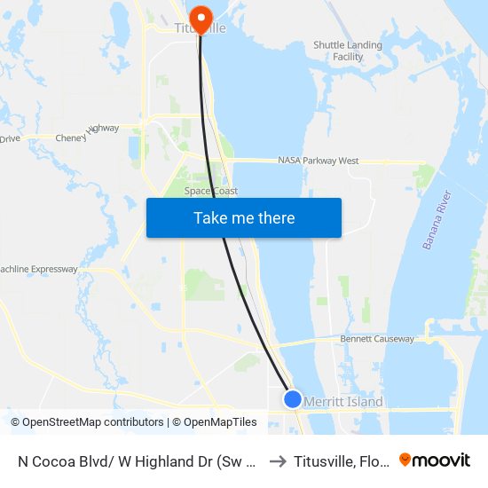 N Cocoa Blvd/ W Highland Dr (Sw Corner) to Titusville, Florida map