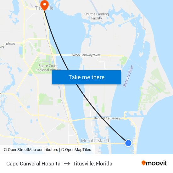 Cape Canveral Hospital to Titusville, Florida map