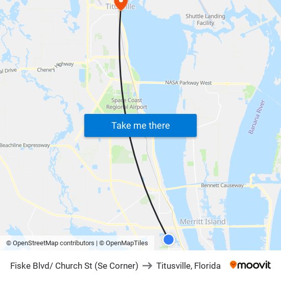 Fiske Blvd/ Church St (Se Corner) to Titusville, Florida map