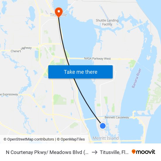 N Courtenay Pkwy/ Meadows Blvd (Nw Corner) to Titusville, Florida map