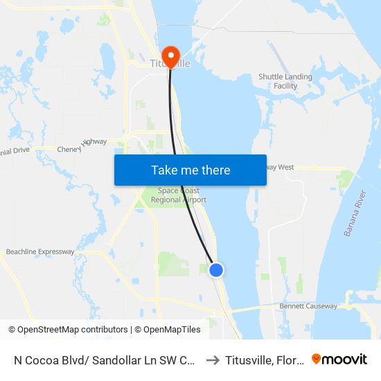 N Cocoa Blvd/ Sandollar Ln SW Corner to Titusville, Florida map