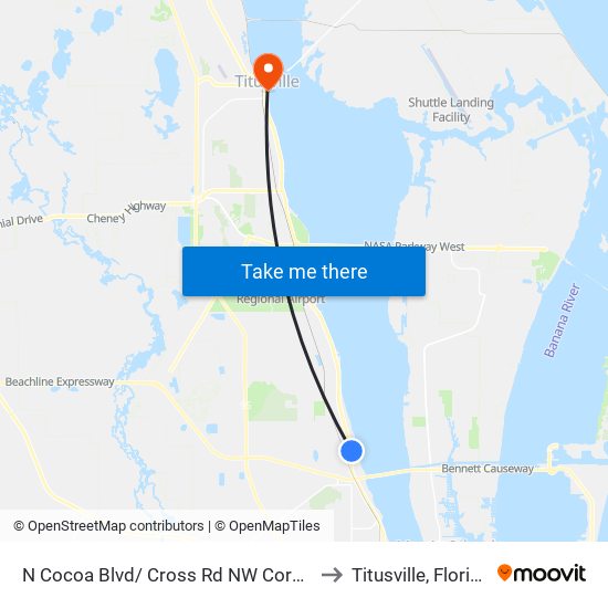 N Cocoa Blvd/ Cross Rd NW Corner to Titusville, Florida map