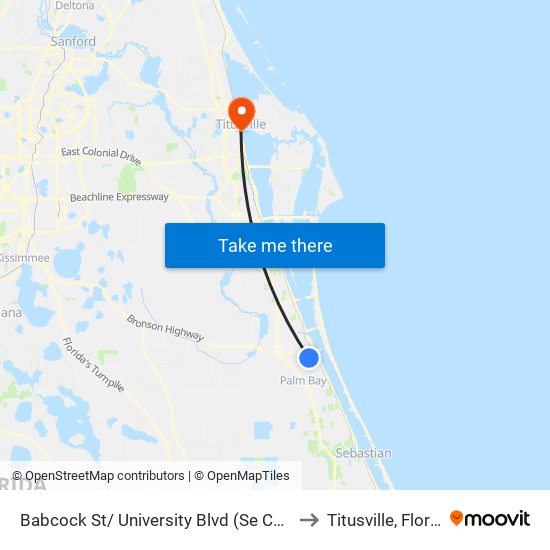 Babcock St/ University Blvd (Se Corner) to Titusville, Florida map