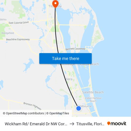 Wickham Rd/ Emerald Dr NW Corner to Titusville, Florida map