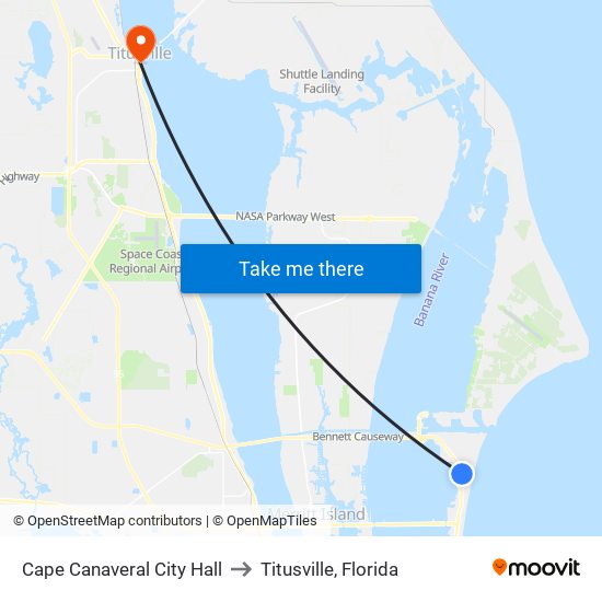 Cape Canaveral City Hall to Titusville, Florida map