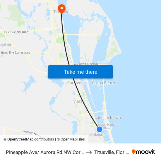 Pineapple Ave/ Aurora Rd NW Corner to Titusville, Florida map