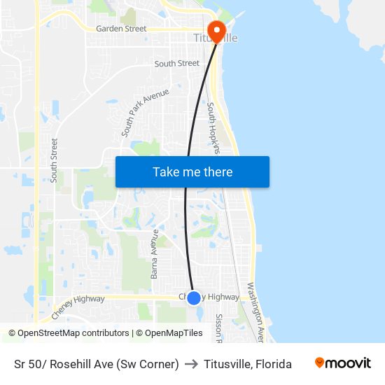 Sr 50/ Rosehill Ave (Sw Corner) to Titusville, Florida map