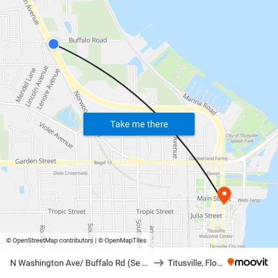 N Washington Ave/ Buffalo Rd (Se Corner) to Titusville, Florida map