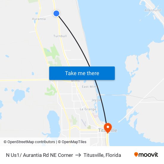 N Us1/ Aurantia Rd NE Corner to Titusville, Florida map