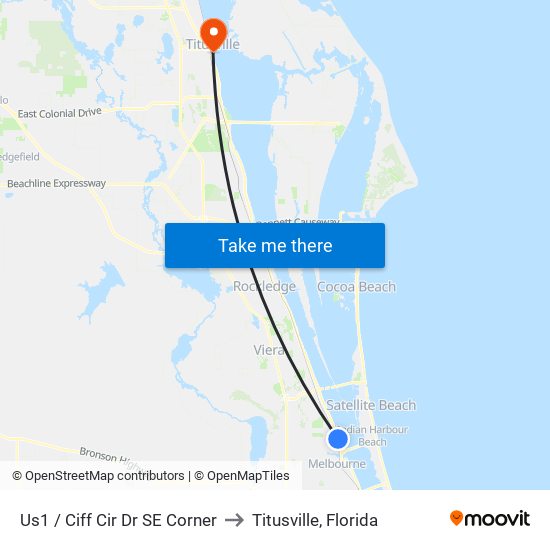 Us1 / Ciff Cir Dr SE Corner to Titusville, Florida map