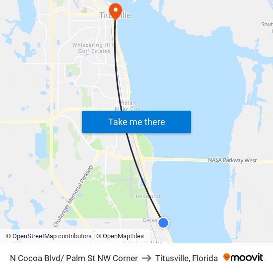 N Cocoa Blvd/ Palm St NW Corner to Titusville, Florida map