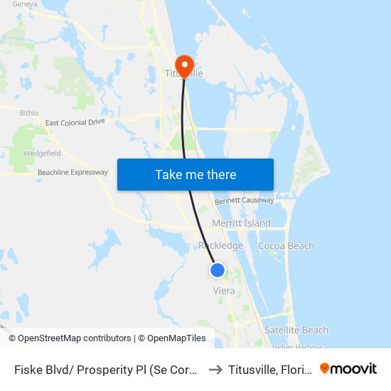 Fiske Blvd/ Prosperity Pl (Se Corner) to Titusville, Florida map