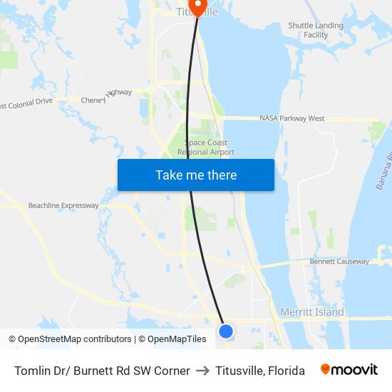 Tomlin Dr/ Burnett Rd SW Corner to Titusville, Florida map