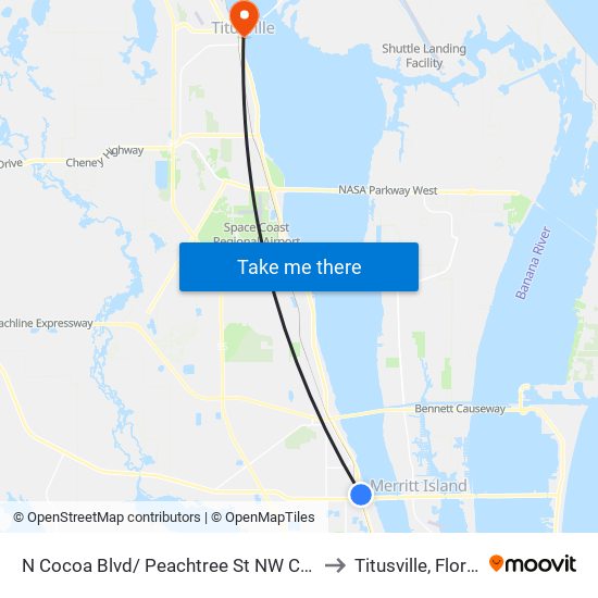 N Cocoa Blvd/ Peachtree St NW Corner to Titusville, Florida map