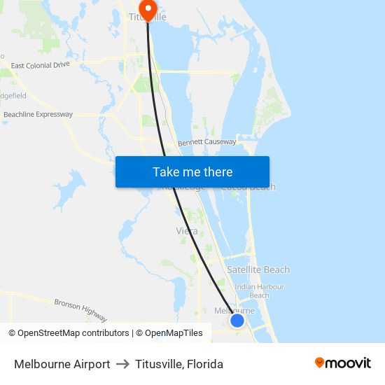 Melbourne Airport to Titusville, Florida map