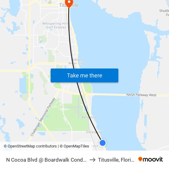 N Cocoa Blvd @ Boardwalk Condos to Titusville, Florida map