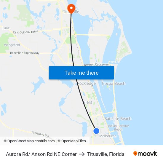 Aurora Rd/ Anson Rd NE Corner to Titusville, Florida map
