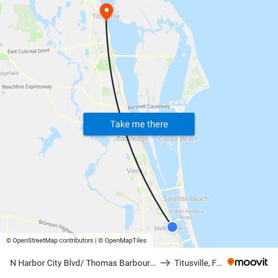 N Harbor City Blvd/ Thomas Barbour Dr NE Corner to Titusville, Florida map