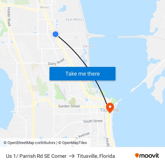 Us 1/ Parrish Rd SE Corner to Titusville, Florida map