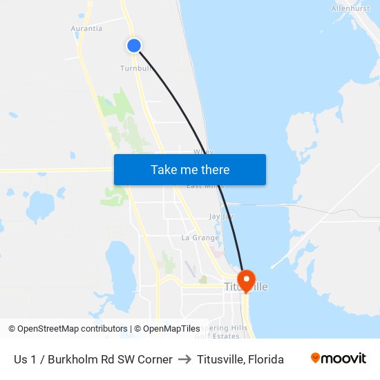 Us 1 / Burkholm Rd SW Corner to Titusville, Florida map