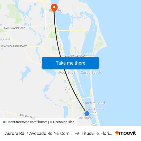 Aurora Rd. / Avocado Rd NE Corner to Titusville, Florida map
