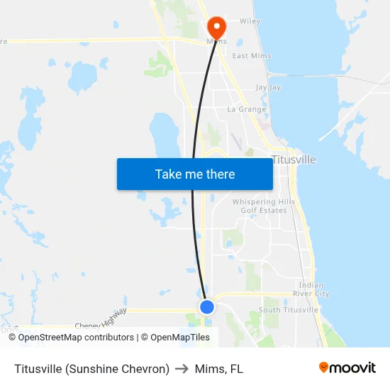 Titusville (Sunshine Chevron) to Mims, FL map