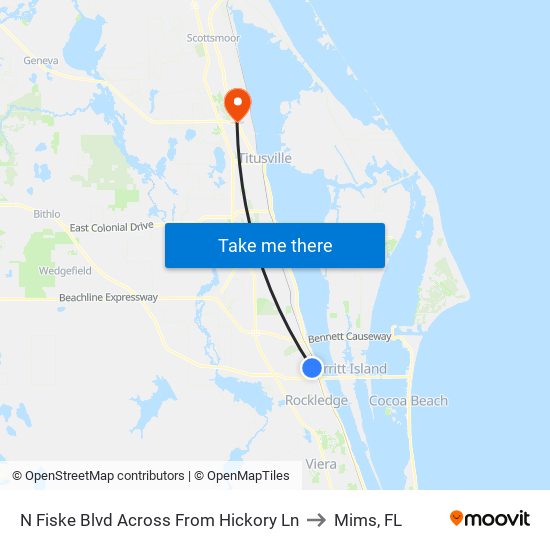 N Fiske Blvd Across From Hickory Ln to Mims, FL map