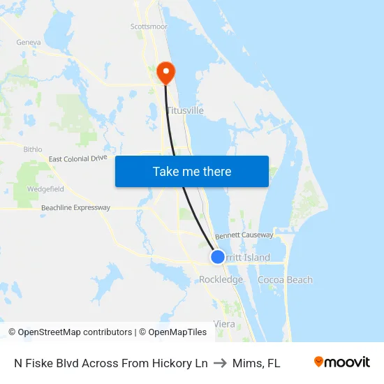N Fiske Blvd Across From Hickory Ln to Mims, FL map