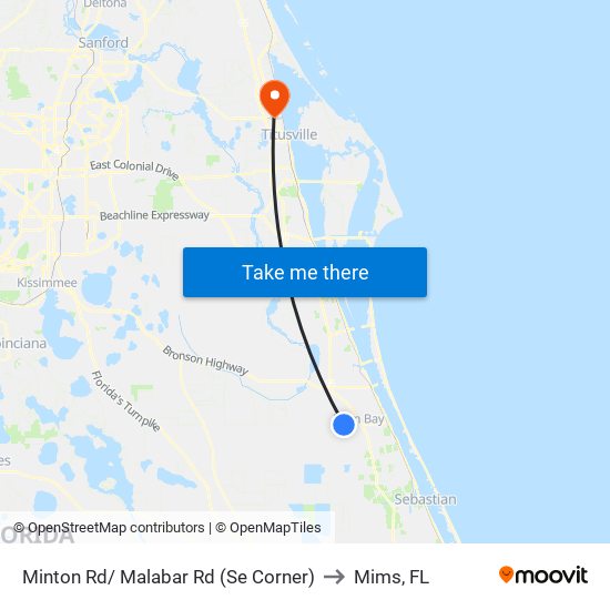 Minton Rd/ Malabar Rd (Se Corner) to Mims, FL map