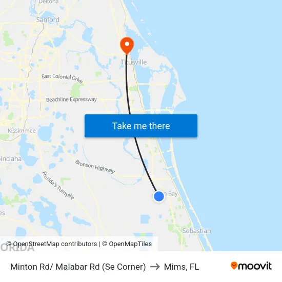 Minton Rd/ Malabar Rd (Se Corner) to Mims, FL map