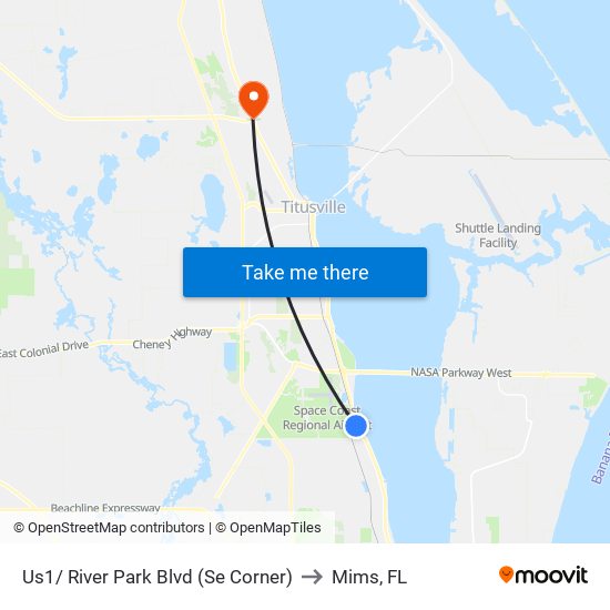 Us1/ River Park Blvd (Se Corner) to Mims, FL map