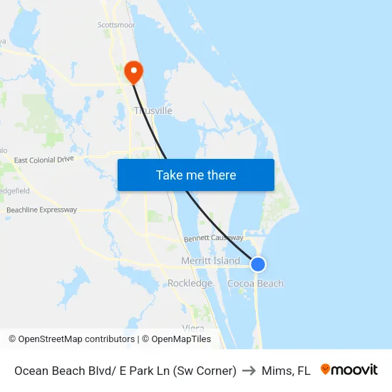 Ocean Beach Blvd/ E Park Ln (Sw Corner) to Mims, FL map